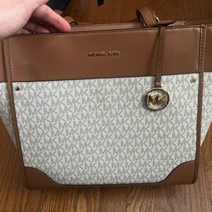 Michael Kors Brown and Cream Tote Bag with Signature Design